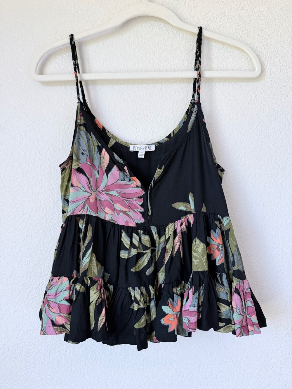 Patrons of Peace Tropical Floral Flounce Cami XS Black Boho Tank Top